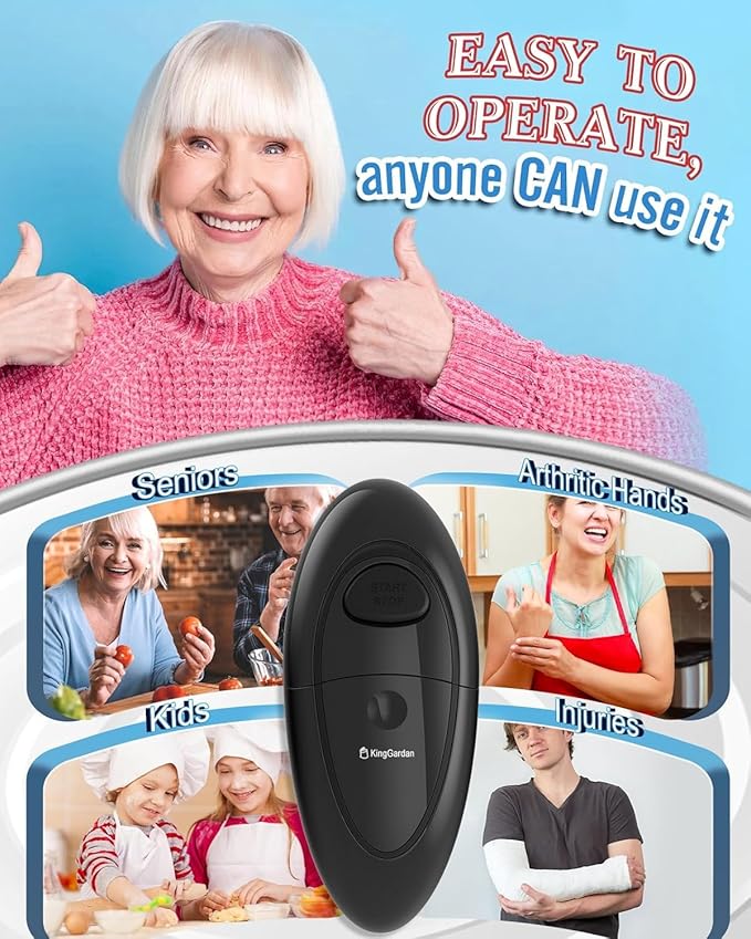 Electric Can Opener, One-Touch Automatic Hands Free Can Opener with Smooth Edge, Battery Operated, Safe & Easy for Seniors with Arthritis, Kitchen, Left-Handed & Weak Hands (Black)
