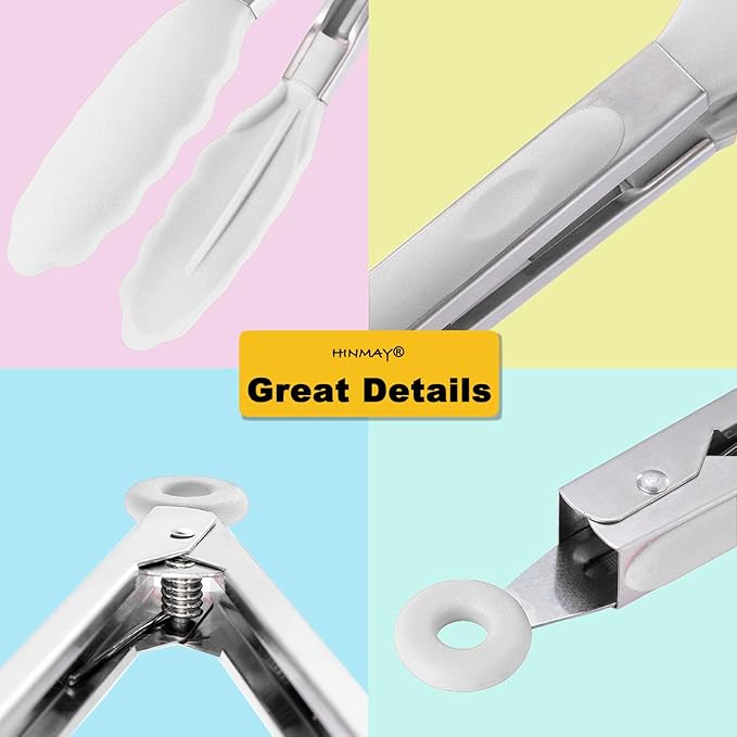 HINMAY Silicone Kitchen Tongs 9-Inch Stainless Steel Basics Tongs with Non-Stick Silicone Tips, Set of 3 (White)