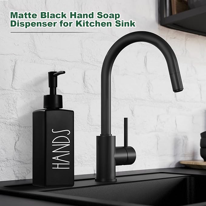 Hand Soap Dispenser, Matte Black Soap Dispenser for Bathroom, Glass Hands Liquid Dispenser with Pump, Farmhouse Soap Bottle Dispenser, Refillable Soap Bottle for Bathroom Decor, 12.3fl oz