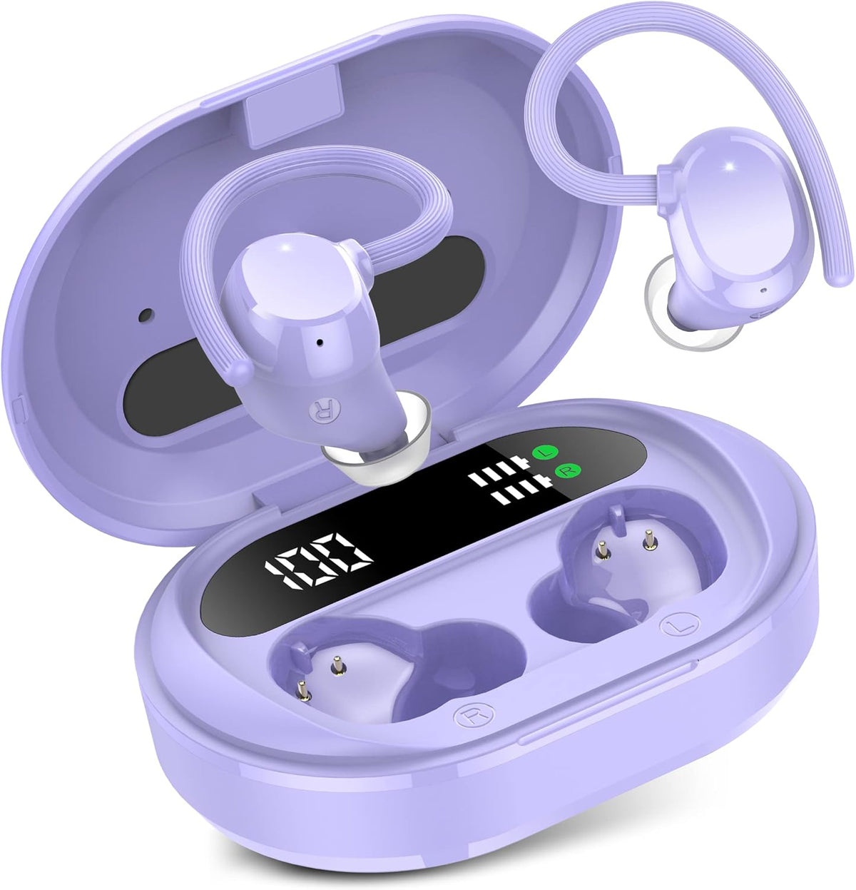 Wireless Earbuds, 2023 New Ultralight Sport Bluetooth 5.3 Headphones In Ear with LED Display, Built-in Mic Earphones, IPX7 Waterproof Wireless Headphones with Earhooks for Gym Workout (Purple)