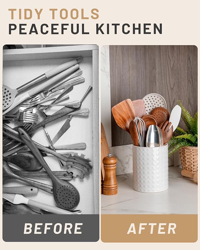 Nucookery 6.4'' Utensil Holder - Ceramic Utensil Holder for Kitchen Counter, Large Capacity Countertop Storage, Farmhouse Style Utensil Crock Organizer for Spoons, Spatulas & Cooking Tools
