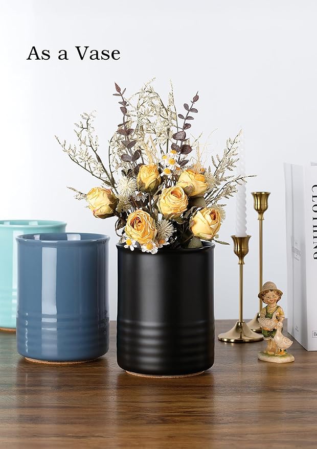 ABRUTY Utensil Holder, 6.7" Ceramic Kitchen Utensil Crock for Countertop Cooking, Modern Utensil Caddy Jar Organizer for Farmhouse Kitchen Counter Décor, Turquoise
