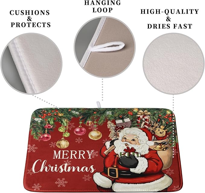 Merry Christmas Dish Drying Mat Santa Claus Kitchen Drainer Mats Microfiber Absorbent Winter Xmas Holiday Dishes Pad Reusable Dish Rack Mat for Countertop Tableware Decor 18x24 Inch