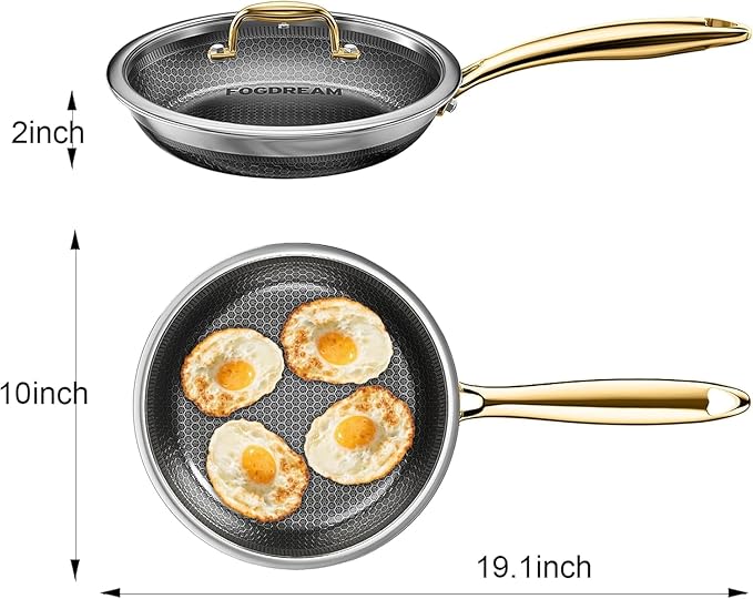 FogDream 10 Inch Stainless Steel Frying Pan with Lid, Honeycomb Hybrid Nonstick Skillet for Induction & All Cooktops, PFAS/PFOA/PTFE Free, Oven Safe to 500°F, Stay-Cool Handle, Dishwasher Safe, Gold