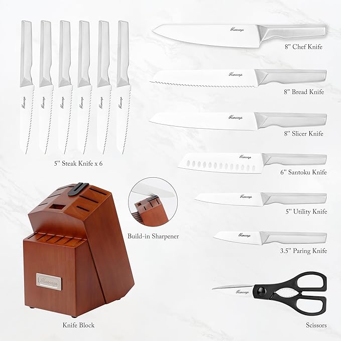 Knife Block Set, Japanese Stainless Steel Kitchen Knife Set with Built-in Sharpener, Sharp Knives with Non-slip Ergonomic Handle - Dishwasher Safe, Home Essential Gifts