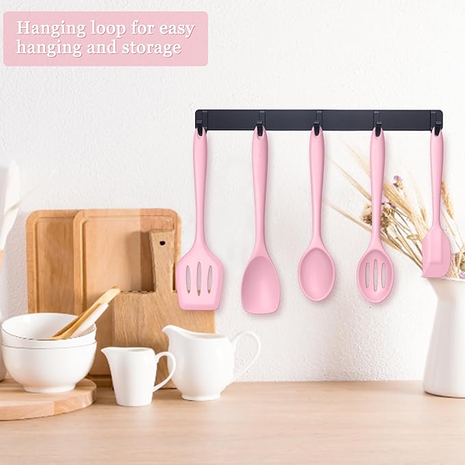 E-far Pink Silicone Cooking Utensils Set, 10-Piece Kitchen Utensil Set for Nonstick Cookware, Silicone Kitchen Tools with Spatula Turner Spoon Tongs Whisk, Heat Resistant & Non-Toxic, Dishwasher Safe