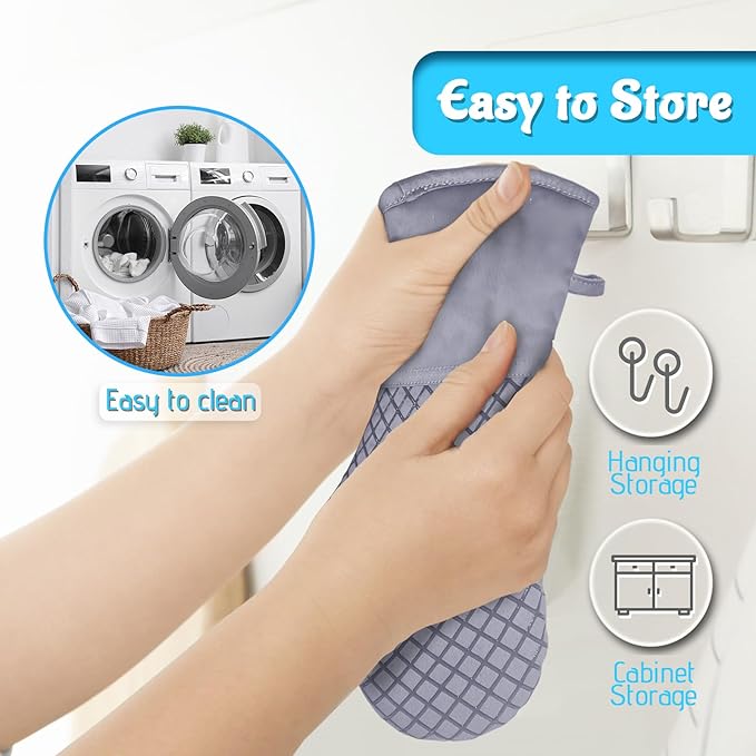4 Pcs Oven Mitts and Pot Holders,High Heat Resistant 500 Degree Glove with Silicone Non-Slip Surface,Extra Thicken Long Kitchen Cotton Oven Glove for Baking,Cooking,Grilling(Light Gray)