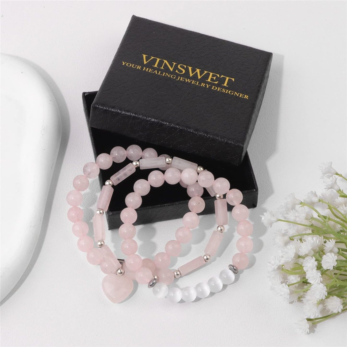 Vinswet Healing Crystal Beaded Bracelets for Women,Natural Rose Quartz Moonstone Gemstones Bracelet,Anxiety Stress Relief Heart Charm Bracelet Handmade pink Jewelry Gifts for Women (3pcs)
