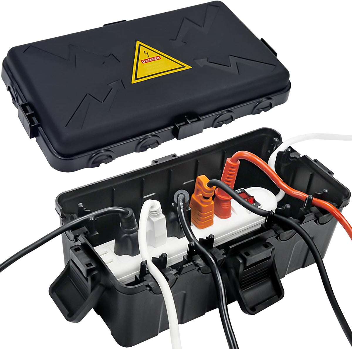 Hrensaw Medium Outdoor Electrical Box(10.6x5.5x4.5inch),Weatherproof Connection Box w/6 Cable Entry,IP54 Waterproof Extension Cord Cover Protect Power Strip,Timer,Plug,Holiday Lights,Black