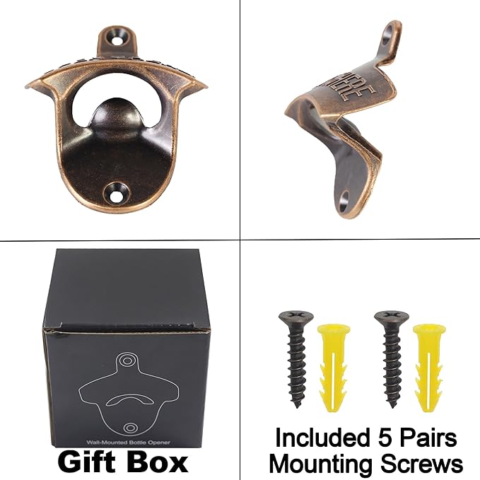 Old Style Wall Mounted Bottle Opener, Antique Copper Outdoor Beer Top Opener Wall Mounted Bottle Cap Opener for Beer Lovers Gifts (Pack of 5)
