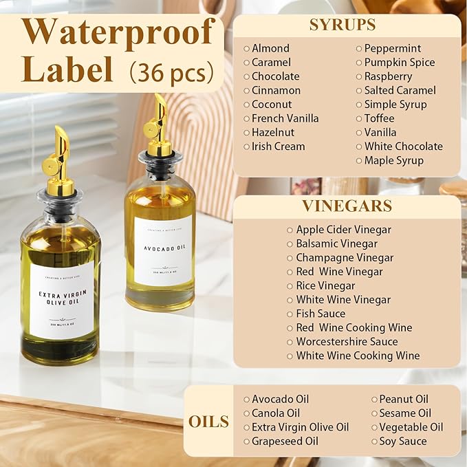 Olive Oil Dispenser Bottle with Bamboo Tray, Metal Pour Spout, Coffee Syrup & Cooking Oil Dispenser for Kitchen