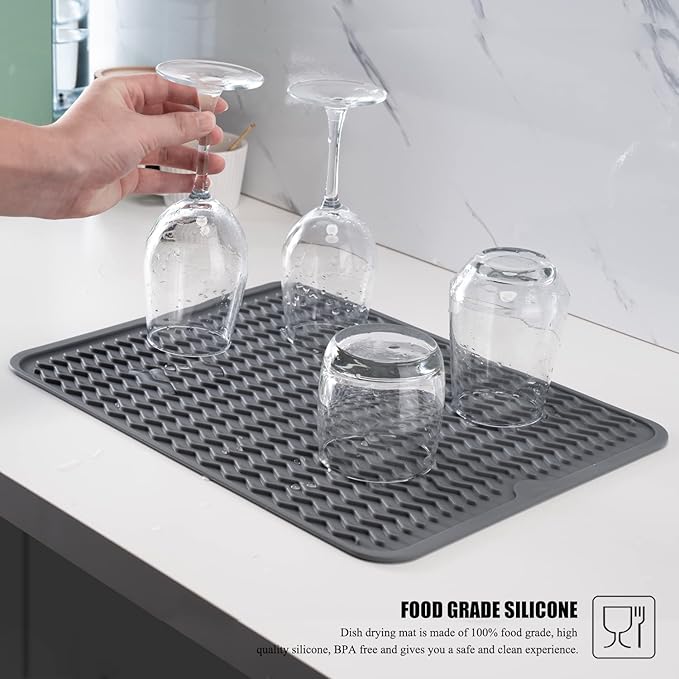 Silicone Dish Drying Mat, Non-Slip Easy Clean Sink Mat Large Heat-resistant Dish Drainer Mat for Kitchen Counter, Sink, Refrigerator or Drawer liner (12" x 12", GREY)