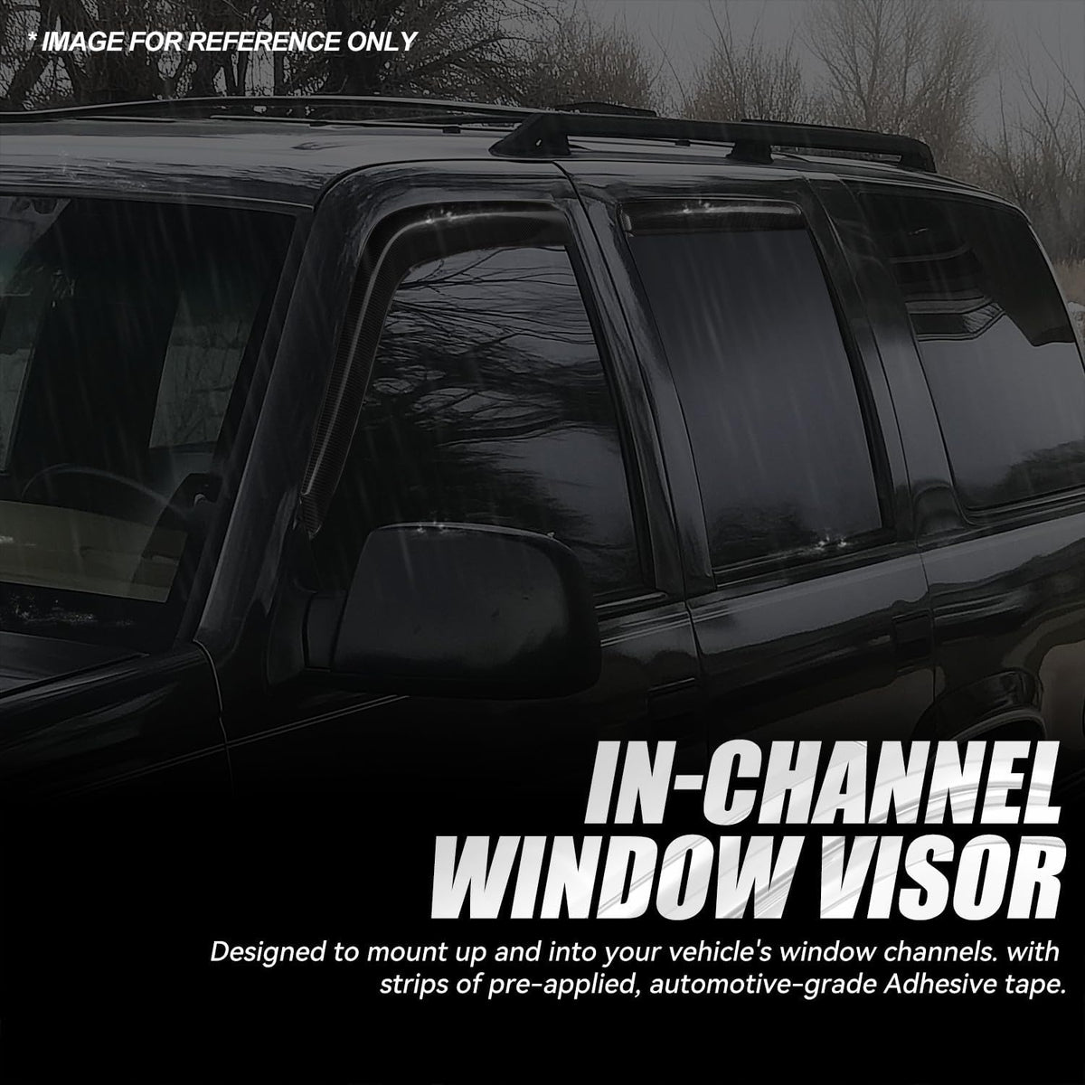 Auto Dynasty 4Pcs Carbon Fiber Pattern Window Visors Compatible with 1992-2000 Chevy Tahoe GMC Yukon 4-Dr Suburban C/K Series Crew Cab, Tape-On Front & Rear Window Deflectors Rain Guards, Glossy Black