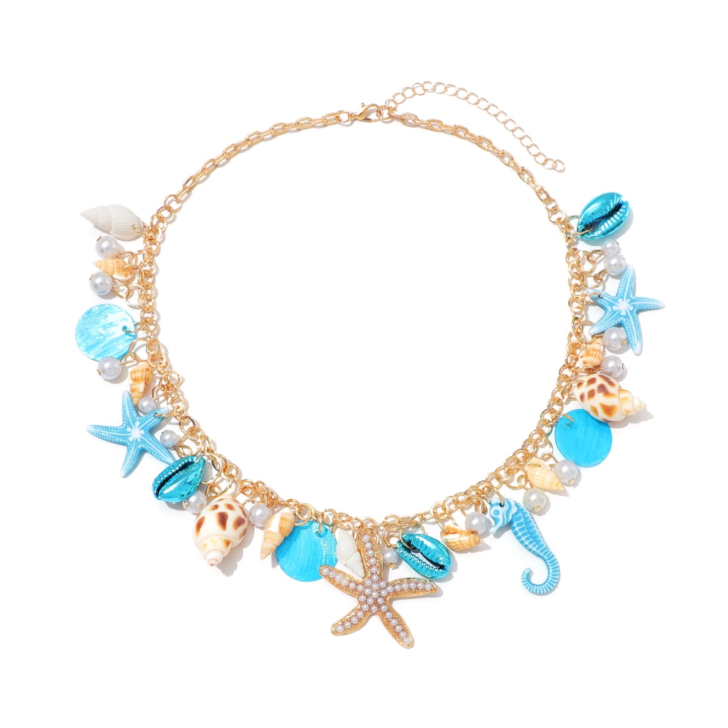 Shell Starfish Necklace for Women Conch Shell Starfish Pearl Necklace Seahorse Necklace Bohemian Chunky Choker Necklace Sea Shell Pearl Choker Collar Neck Mermaid Costume Jewelry Beach Jewelry (Blue)