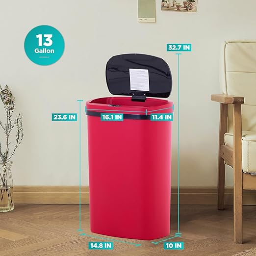 PayLessHere | 13 Gallon Plastic Trash Can | Red | Automatic Touchless Lid with Motion Sensor | Kitchen Garbage Can with Waterproof Design | for Home, Office, Bathroom | Pack of 3