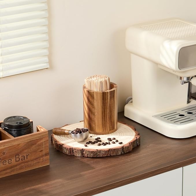 Acacia Wood Coffee Stirrer Holder Set with 100 Disposable Stir Sticks, Wooden Bar Accessories for Milk Cocktail Tea Drinks Straws, Organizer for Station Countertop