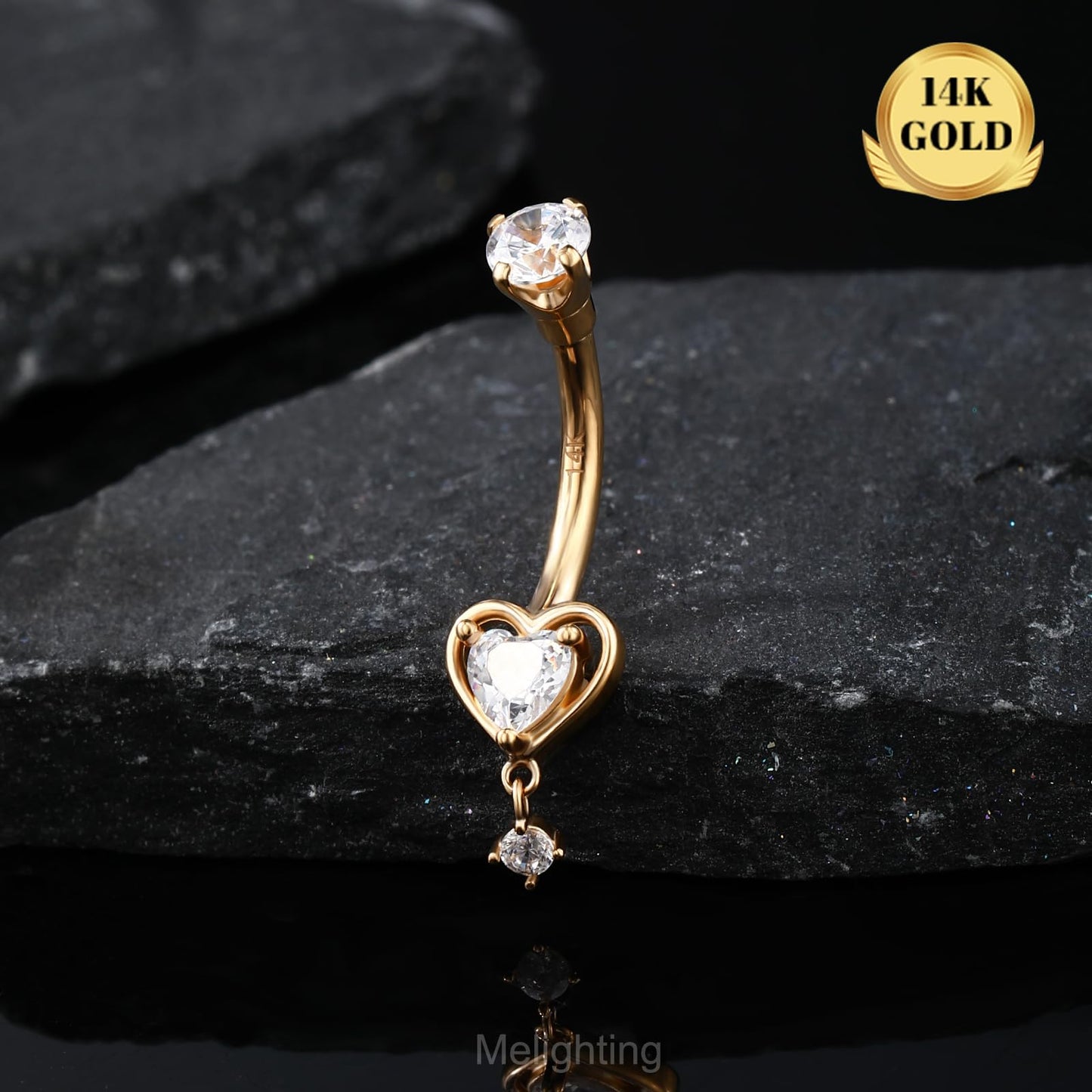 Melighting 14K Solid Gold Belly Button Ring Heart Belly Ring Gold Dangle Belly Piercing Jewelry 14G Navel Ring for Women
