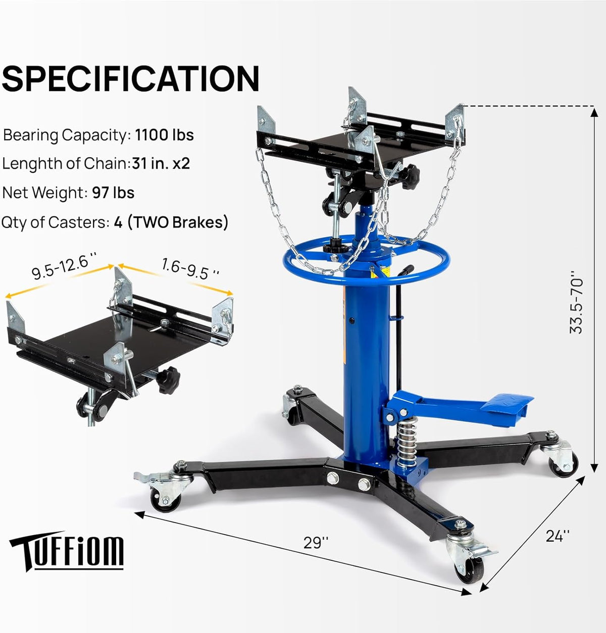 TUFFIOM Transmission Jack, 1100 lbs 1/2Ton Hydraulic 2-Stage High Lift Vertical Telescoping Floor Jack Stand, 34" to 68" Lifting Range, w/Pedal, 360° Swivel Wheels, Garage/Shop Lift Hoist, Blue