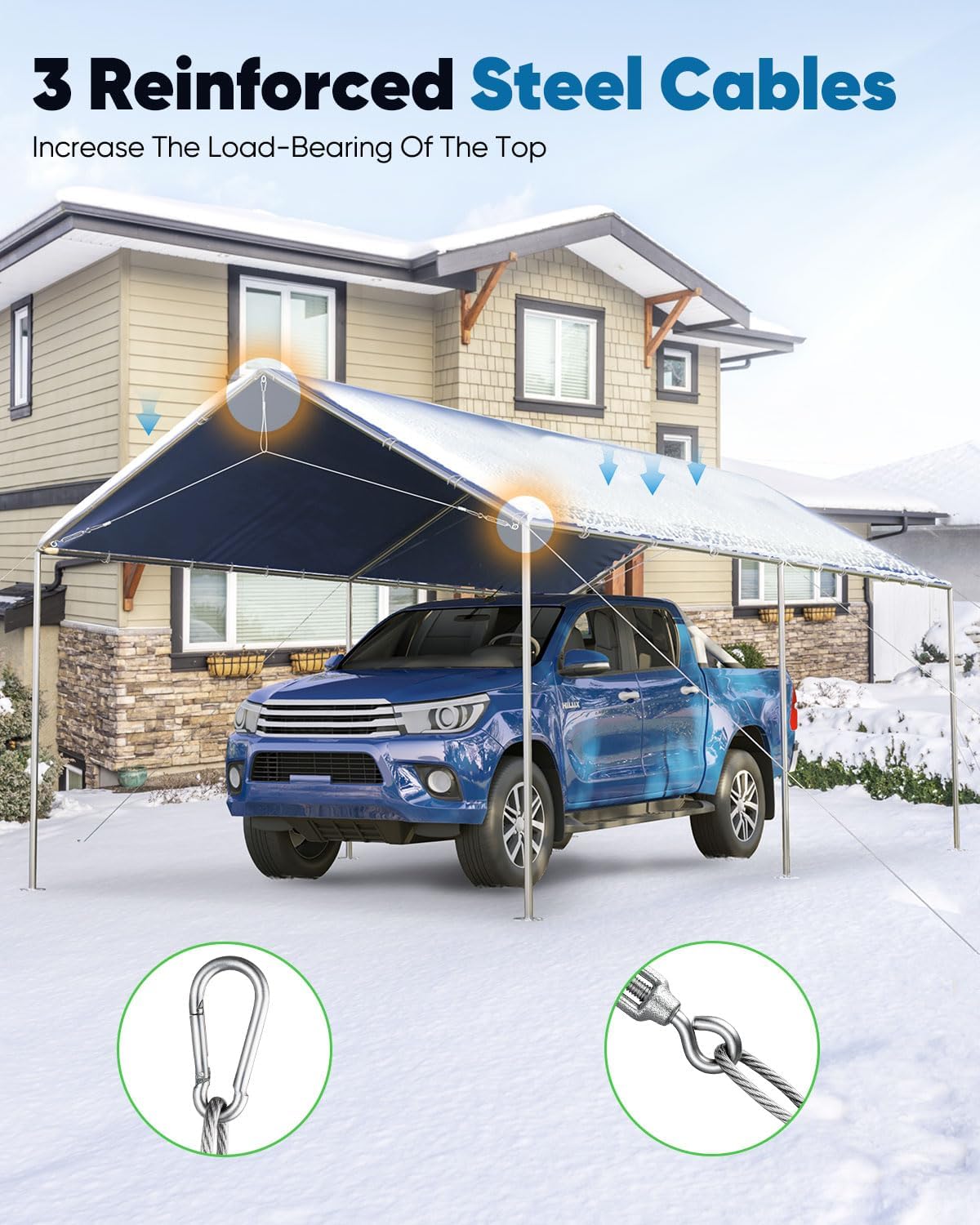 Quictent 10x20 ft Heavy Duty Car Canopy Galvanized Frame Carport Outdoor Party Tent Boat Shelter with 3 Reinforced Steel Cables - Blue