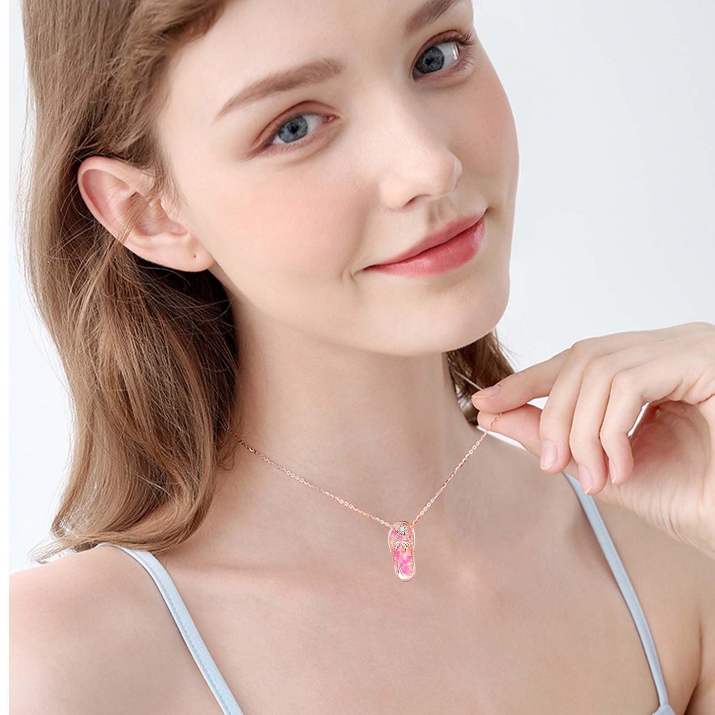 Midir&Etain Pink Opal Flip Flop Necklace 925 Sterling Silver Rose Gold Plated Palm Tree Pendant Beach Necklace Flip Flop Opal Jewelry for Women