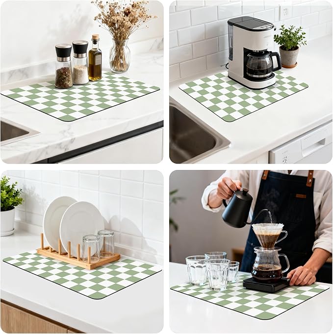16" x 24" Checkered Dish Drying Mat for Kitchen Counter, Absorbent Coffee Bar Mat for Espresso Machine Coffee Countertops Accessories, Sage