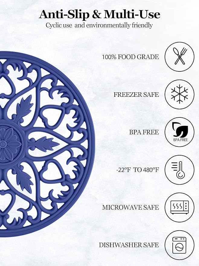SMARTAKE 6 Set Silicone Trivet Mats, Multi-Use Carved Trivet Mat, Insulated Non-Slip Durable Kitchen Mats, Flexible Modern Kitchen Table Mat, for Hot Dishes, Pots, Dining Countertop, Navy Blue