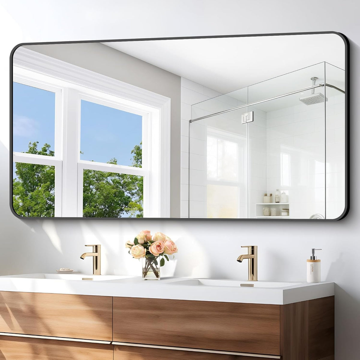 30x60 inch Bathroom Mirror,Black Rectangle Mirror,Wall Mounted Bathroom Frame Vanity Mirror with Round Corner for Bedroom Living Room, Entryway Hangs Horizontal or Vertical