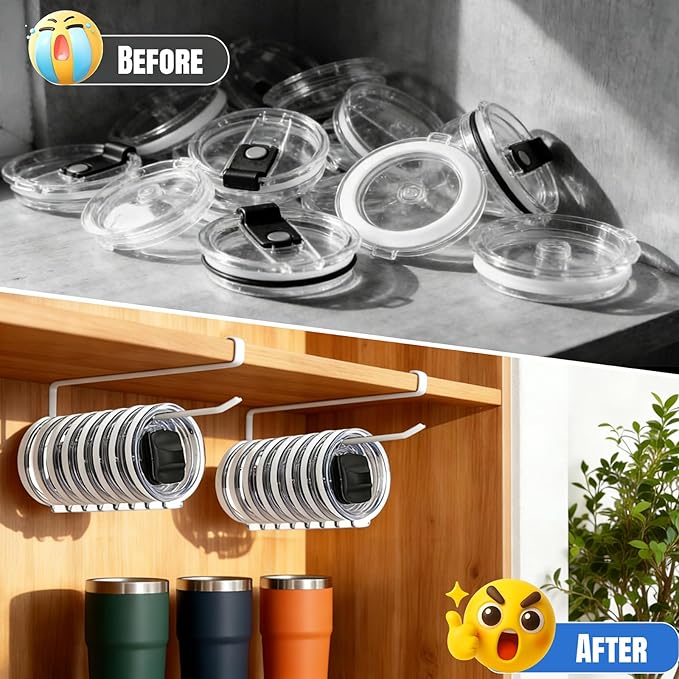 1 Pack Tumbler Lid Organizer, Versatile Cup & Water Bottle Lid Holder, Upgraded Kitchen Space Saver & Under Cabinet Storage, No Adhesive or Drilling Needed, Multi-Use Tumbler Lid Holder, White