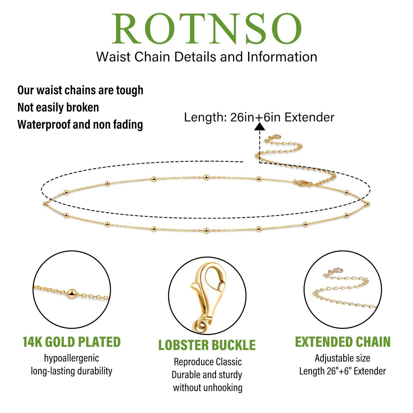 Rotnso 14K Gold Plated Body Chains Dainty Boho Layered Beach Waist Bead Chain Adjustable Bikini Belly Chain Jewelry Accessories for Women Sexy