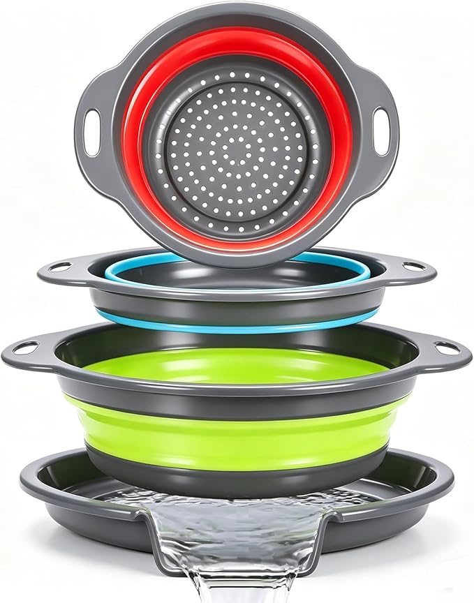 Collapsible Colander Set with Oversized Draining Tray | 3-Pack Foldable Kitchen Strainers + Base | Space Saving for Pasta, Veggies, Fruit & Rice | 5 Colors (Gray-Blue-Red-Green)