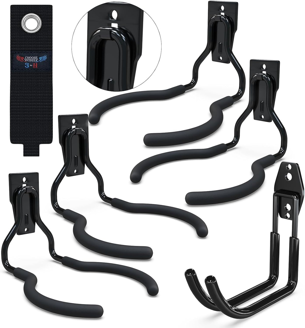 3-H Weed Eater Hanger 4 Pack,1 Garden Hose Holder,1 Extension Strap,Utility Weedeater Rack,Tool Hangers for Organizing and Hanging Weed Wacker,Leaf Blower,String Trimmer in Garden