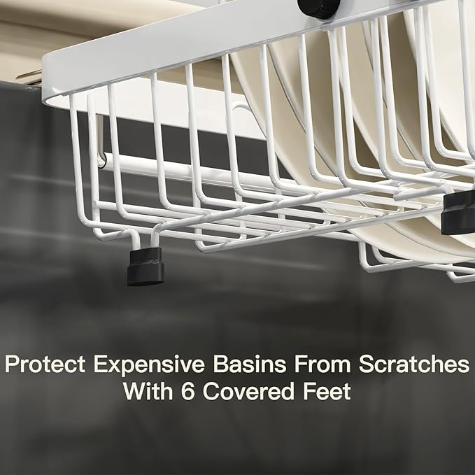 MAJALiS Dish Drying Rack Over The Sink, Expandable Stainless Steel Dish Drainer for Small Kitchen Counter Space Saving, RV Compact Plate Strainer in White Metal with Hanging Adjustable Utensil Holder