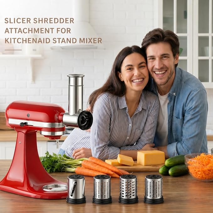 Stainless Steel Cheese Grater Attachment for KitchenAid Stand Mixer,4 Drum Blades for Slicing and Shredding Cheese & Vegetables,Dishwasher Safe Kitchen Prep Accessory for Salad Prep