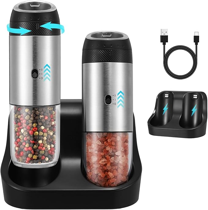 Rechargeable Gravity Electric Salt Grinder Set with Variable Grinding Speed, External Adjustable Coarseness,Charging Base and White LED Light,Stainless Steel