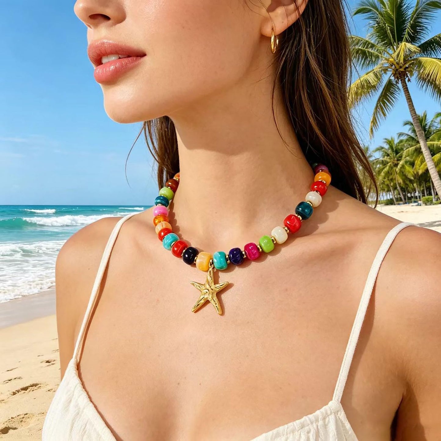 YHGDY Chunky Beaded Starfish Shell Necklace for Women Colorful Boho Bead Choker Necklace Summer Beach Necklace Trendy Chunky Jewelry Gifts (Gold Starfish)