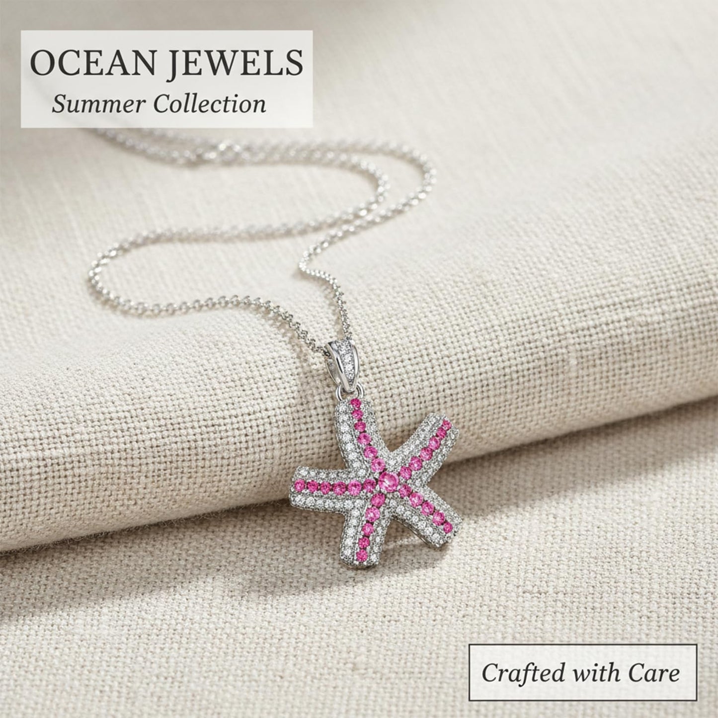 crataly Rose Quartz And CZ Starfish Necklace For Women-Silver Plated October Birthstone Necklace For Valentine's Day Mother's Day Christams Birthday Gifts