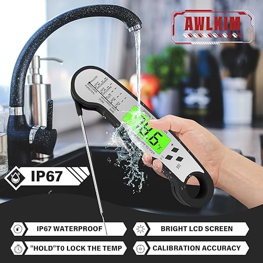 AWLKIM® Meat Thermometer Digital - Fast Instant Read Food Thermometer for Cooking, Candy Making, Outside Grill, IP67 Waterproof Kitchen Thermometer with Backlight, Stocking Stuffers for Men - Black