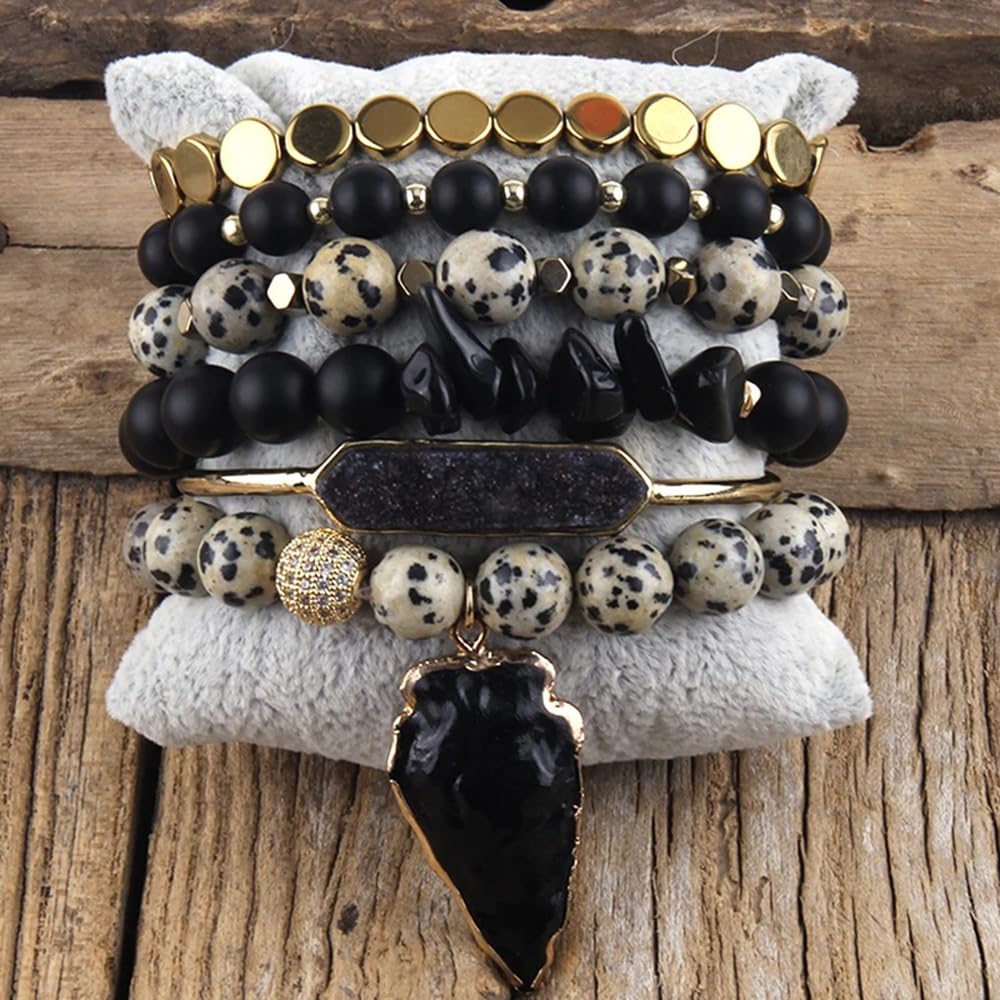 Yomisa Boho Beaded Bracelets/Bangle for Women,Multilayer Wrap 6PCS Healing Natural Jasper Stone Bead Bracelets Stackable Friendship Stretch Beaded Bracelet Set Trendy Bohemian Jewelry Gift for Women
