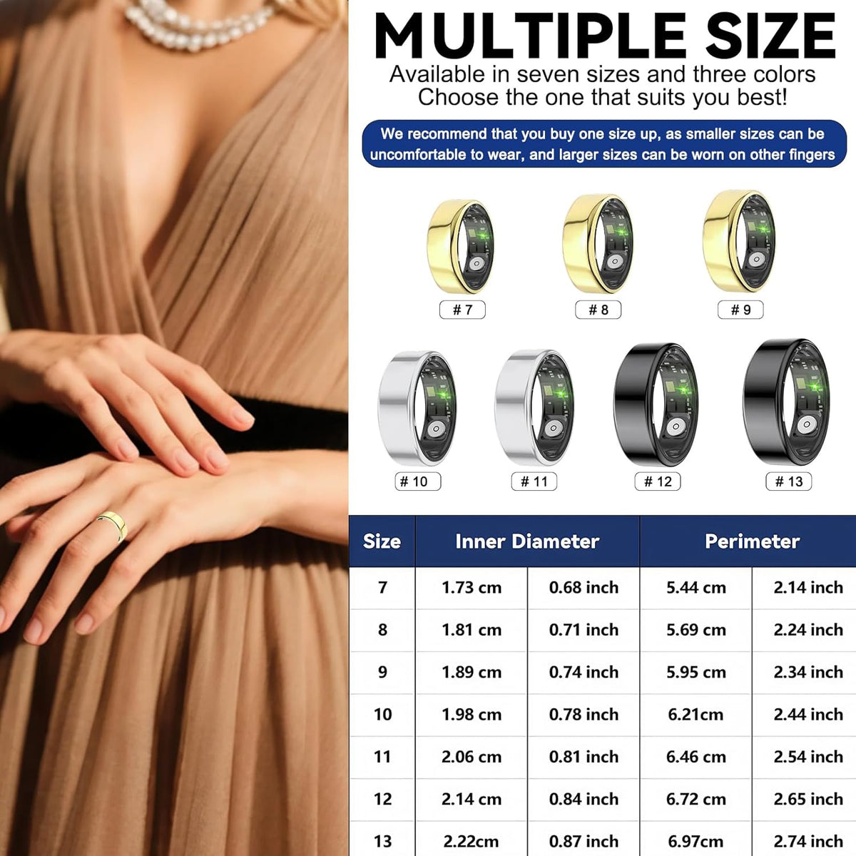 Smart Rings for Women Men,Fitness Tracker Ring,Heart Rate,Blood Oxygen,Blood Pressure,Step Tracker,Sleep Monitoring,No Subscription Fee,IP68 Waterproof Smart Ring for iphone&Android(Gold 13)