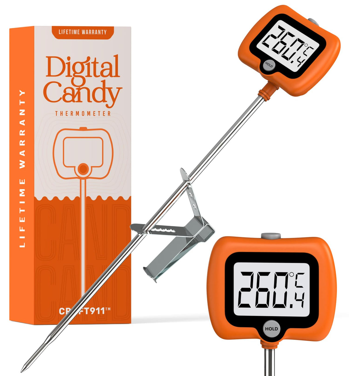 Digital Candy Thermometer with Pot Clip, Instant Read Kitchen Thermometer for Cooking, Baking, and Candy Making – 10" Stainless Steel Probe, LCD Display, Essential Baking Tool