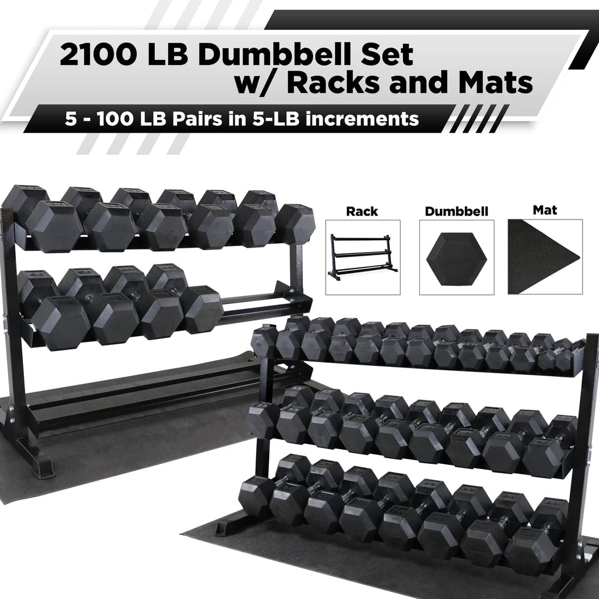 WF Athletic Supply Rubber Coated Hex Dumbbell Set, Multiple Choices Available - Dumbbells with Rack Stand and Mat, or Dumbbells Only (200/550/1200/2100/3000 LB)