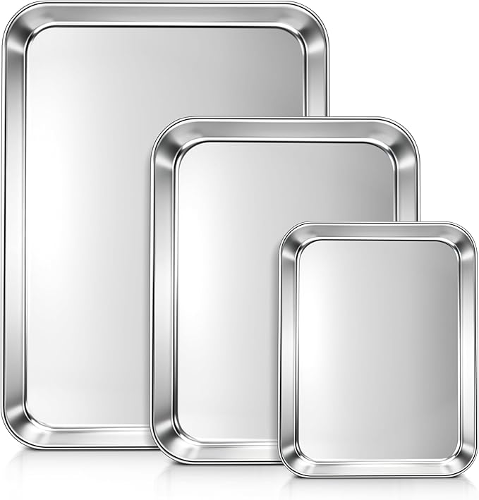 LIANYU 3 Pack Stainless Steel Baking Sheets, Cookie Sheet Pan for Baking & Roasting, 16/12.4/9.2 In, Toaster Oven Pan Cookie Baking Tray, Non Toxic & Heavy Duty & Easy Clean, Dishwasher Safe