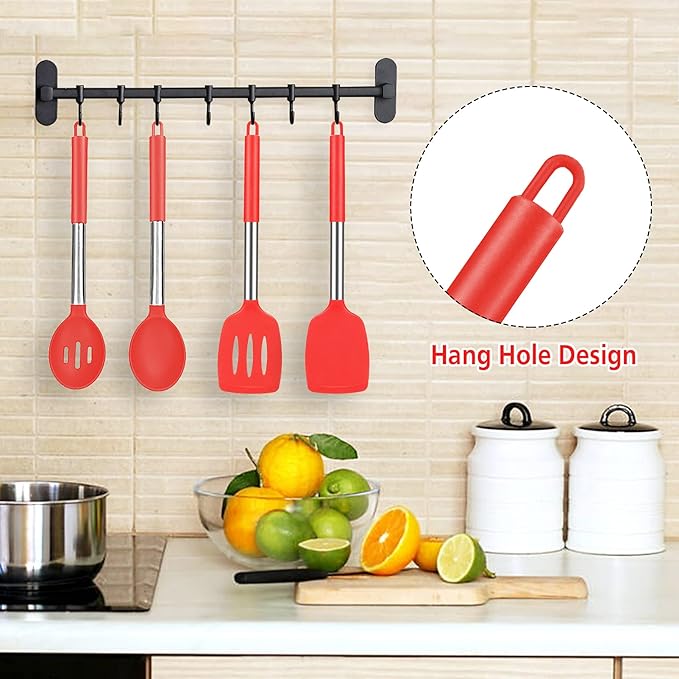 Pack of 4 Large Silicone Cooking Spatulas and Spoons, Slotted and Solid Stainless Steel Cooking Utensils Set, Non-stick Heat Resistant Kitchen for Baking, Fried, Stir-Fry, Mixing, Serving (Red)