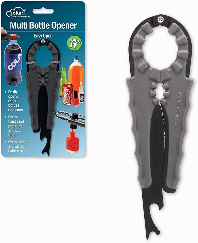 Jokari Multi Bottle Opener for Jars Bottles and Cans 3 in 1 Easy Grip Lid Opener for Weak Hands Twist Caps Pull Tabs Pop Tops and Small Lids Arthritis Aid Manual Kitchen Tool Black
