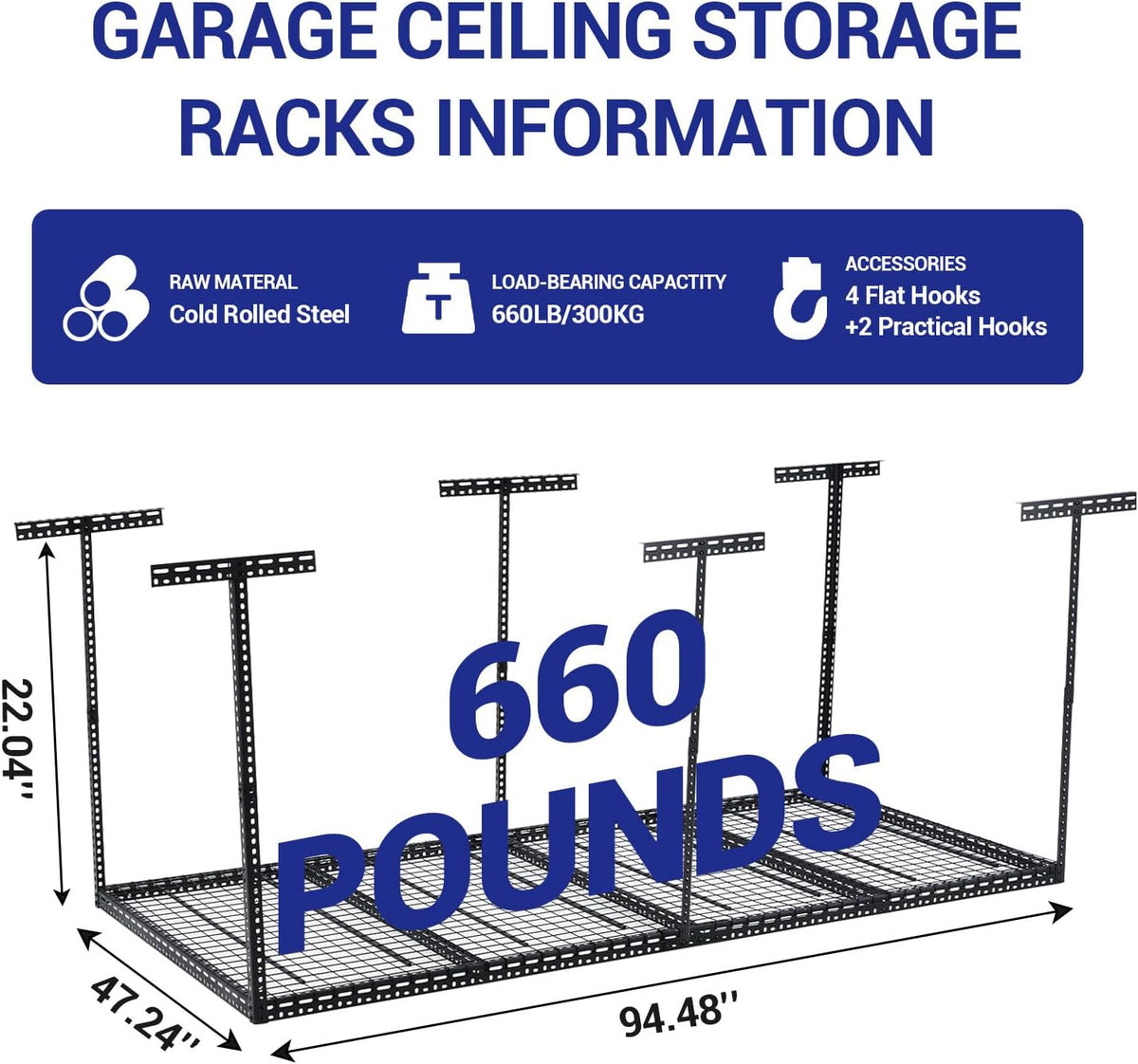 Overhead Garage Storage Rack 4x8 FT, Steel Ceiling Shelves 660lb Capacity, Height Adjustable 22-40 Inches, Space-Saving for Attic Basement Shed (Black, 6 Posts)