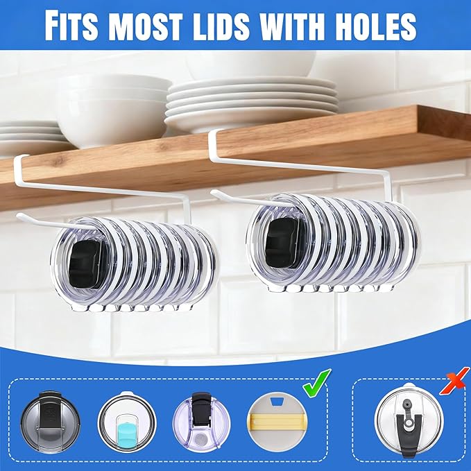 1 Pack Tumbler Lid Organizer, Versatile Cup & Water Bottle Lid Holder, Upgraded Kitchen Space Saver & Under Cabinet Storage, No Adhesive or Drilling Needed, Multi-Use Tumbler Lid Holder, White