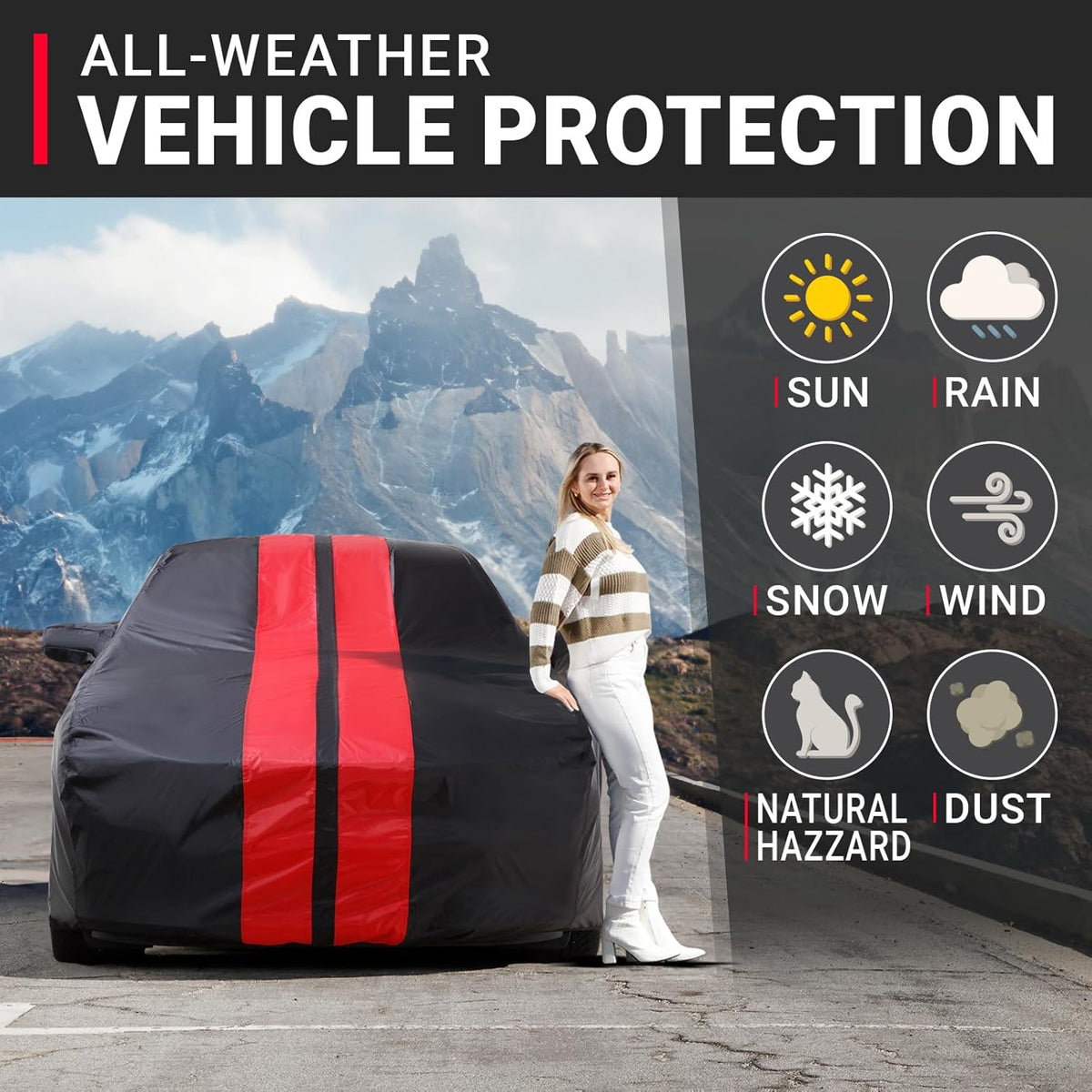 iCarCover Custom Car Cover for Buick Riviera (1989-1993) Waterproof All-Weather Rain Snow UV Sun Protector Full Exterior Indoor Outdoor Car Cover (Stripe - Black/Red)