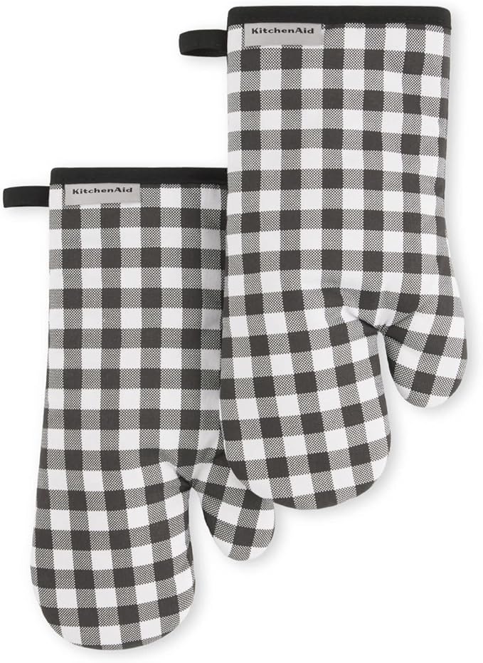 KITCHENAID Gingham Oven Mitt 2-Pack Set, Matte Black, 7"x13"