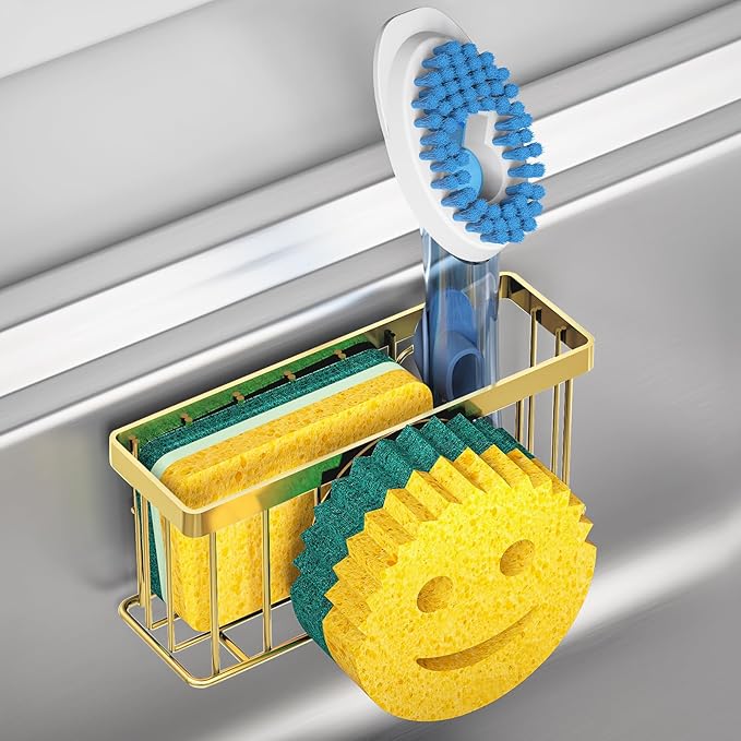 MURLONG Sponge Holder Smiley Face, Sink Caddy for kitchen Sink, Kitchen Organizer Sponge Holder with 2 PCS Suction Cups/1 PCS Adhesive Strips, Designed for Sponge, Soap, Dish brush, Scrubber-Gold