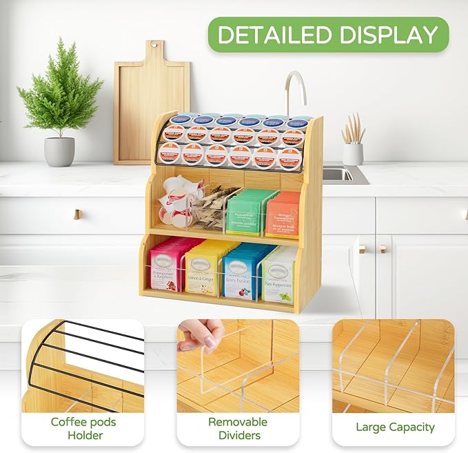 LASZOLA Bamboo Tea Bag and Coffee Holder Organizer for Cabinet Counter Office, 3 Tier Large Capacity Vertical K Cup and Tea Packet Storage Rack, Sturdy Display Stand, Easy Assemble